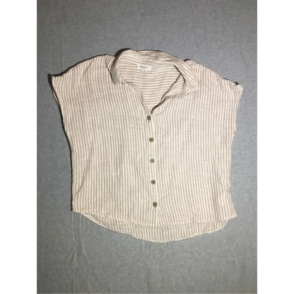 Womens Beachlunchlounge Blouse Size Large Cotton Boho Beachy Button Up Tan White